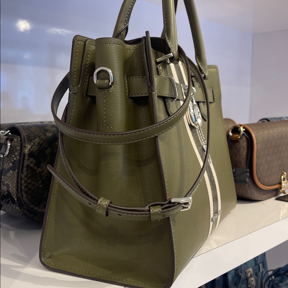 MICHAEL KORS Hamilton Md Leather and Snake Embossed Stripe Satchel
Olive 
NWT - Picture 4 of 16